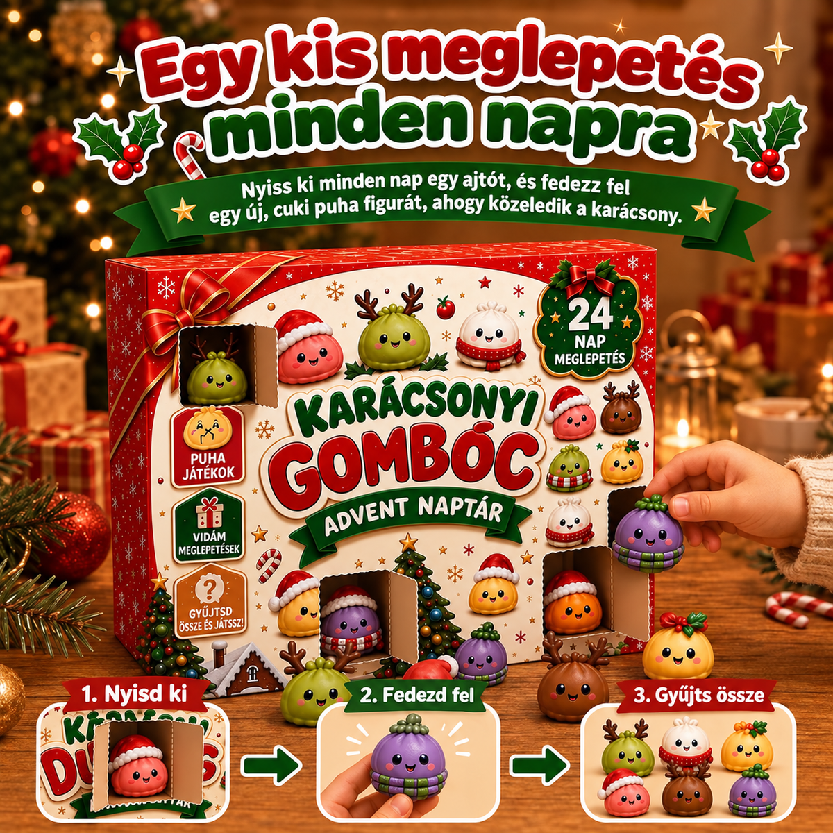 BILLHOL®🌹 KARÁCSONYI KÜLÖNLEGESSÉG | 24 napos mini Squishy adventi naptár – minden nap egy aranyos meglepetéssel! 🎄