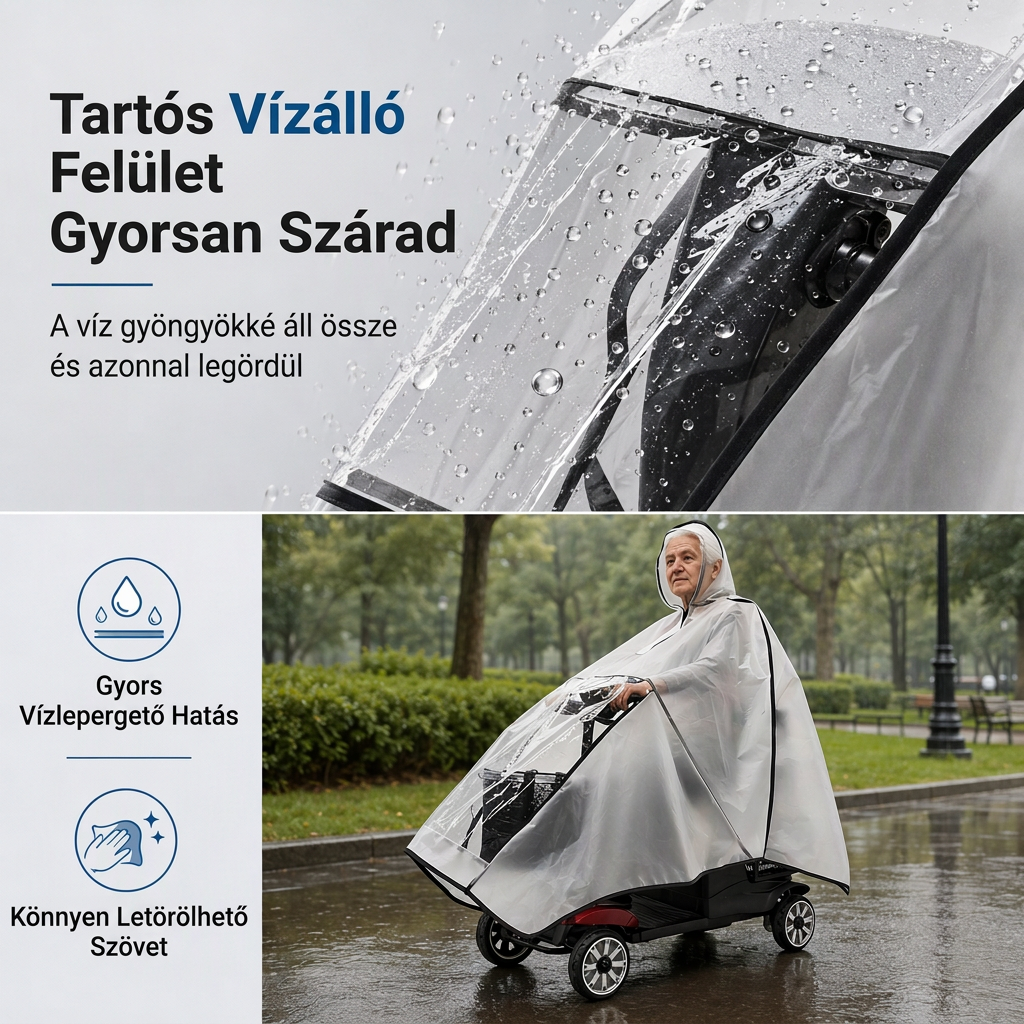 🌧️ Mobilitási segédeszköz esővédő – Teljes lefedettségű, vízálló PVC-tető