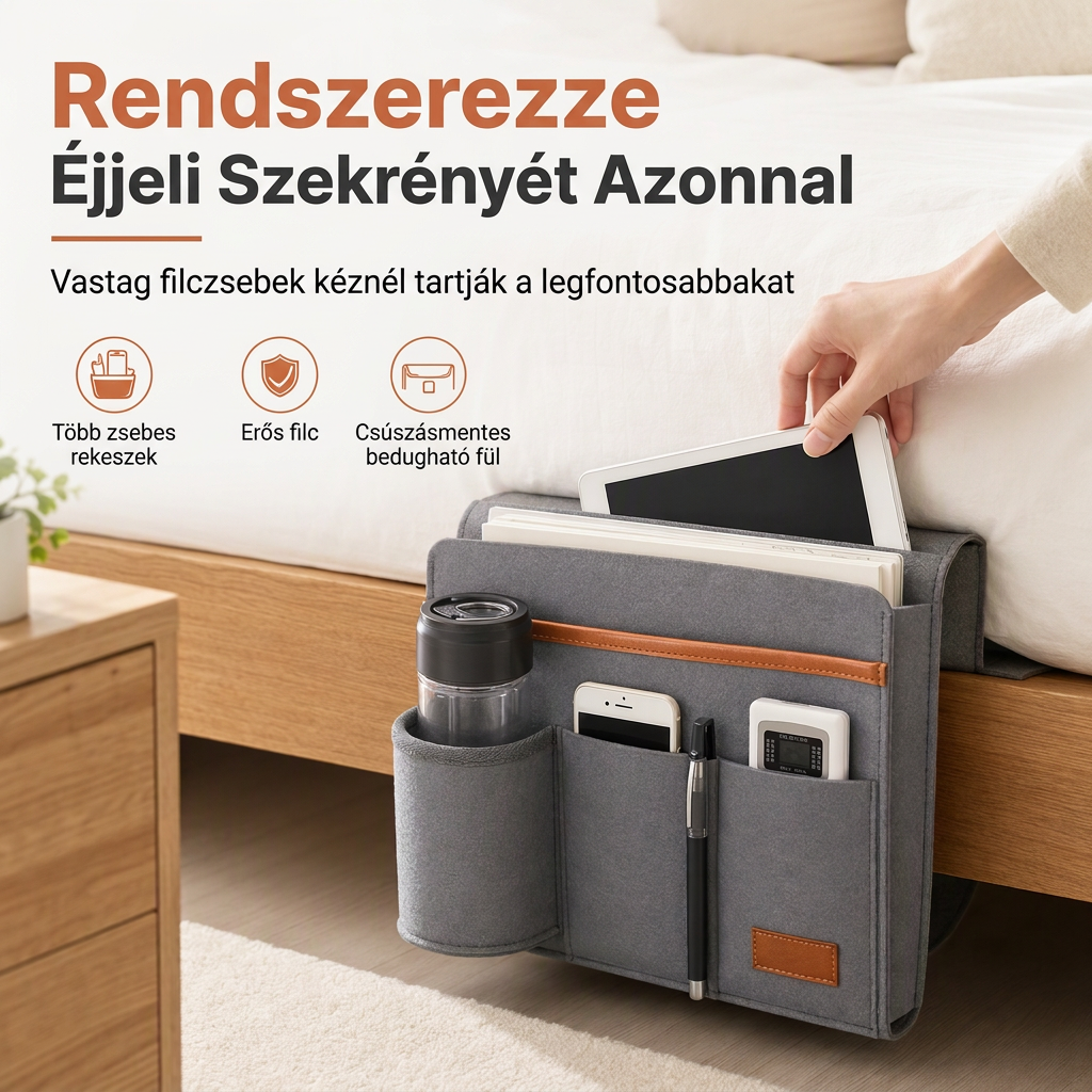 🛏️✨ Minimalista nemez ágy melletti rendszerező táska: Minden kéznél, tiszta éjszaka 📱📚
