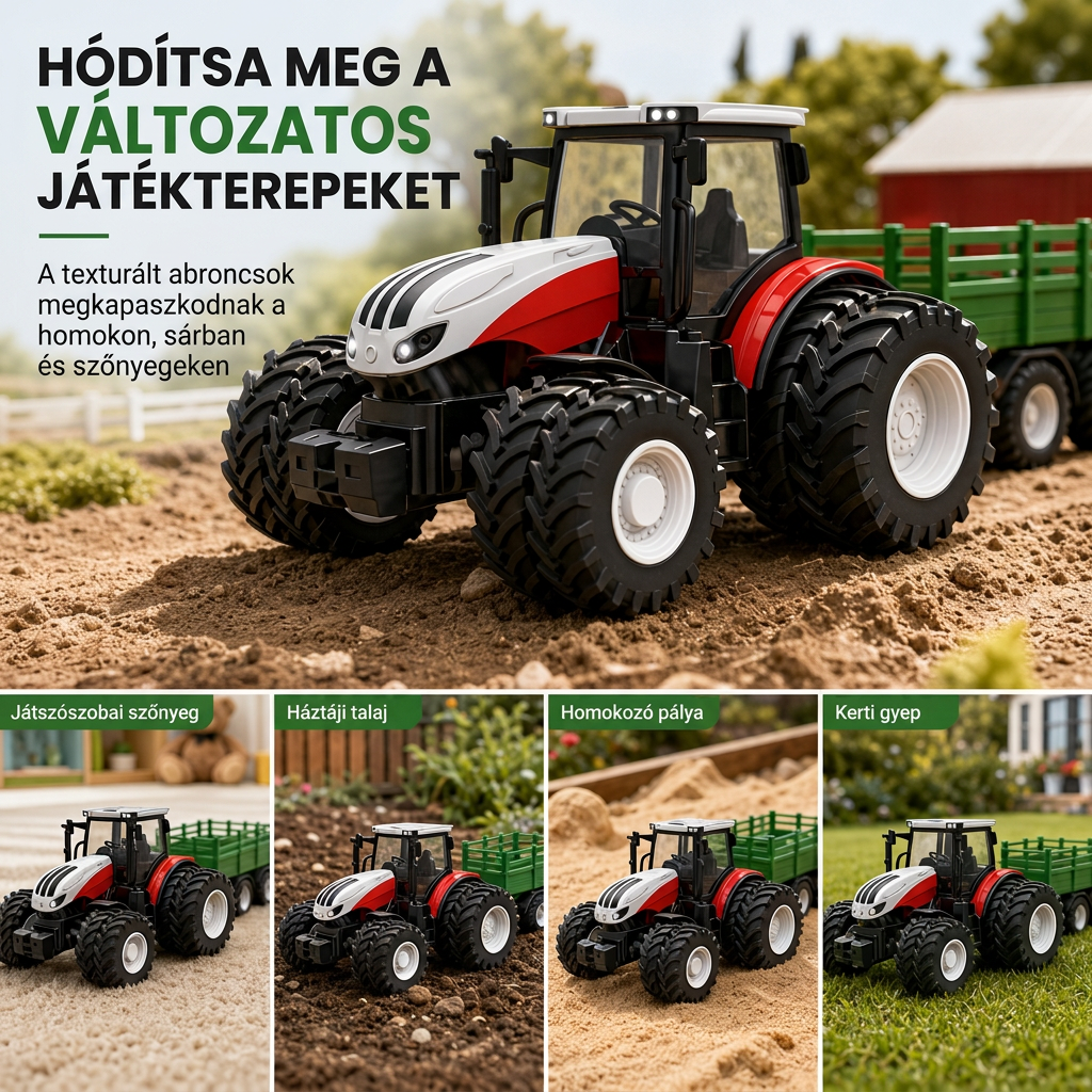 🚜 Nagy méretű gyermek mezőgazdasági traktor játékkészlet pótkocsi kiegészítőkkel, súrlódásos meghajtású és távirányítós mérnöki járművek fiúk számára