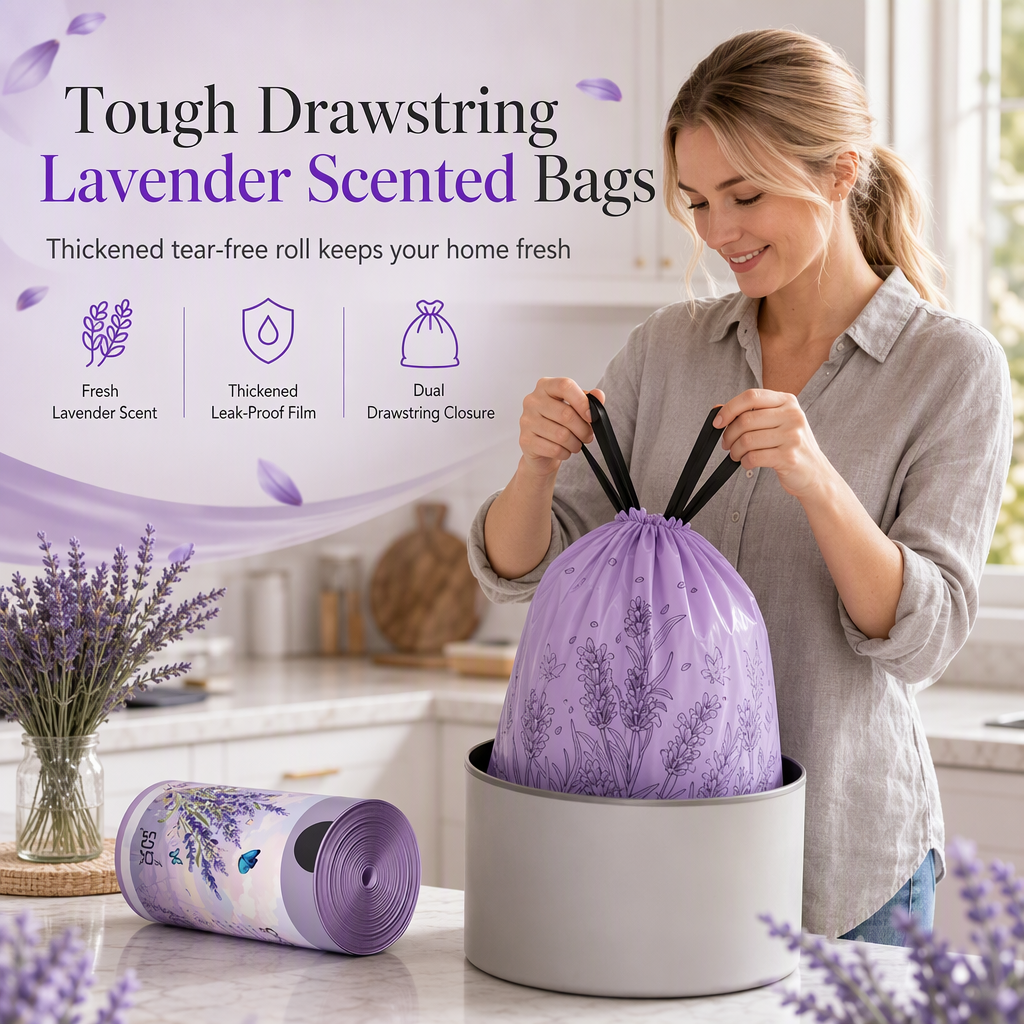 Megvastagított, húzózsinórral ellátott szemeteszsákok