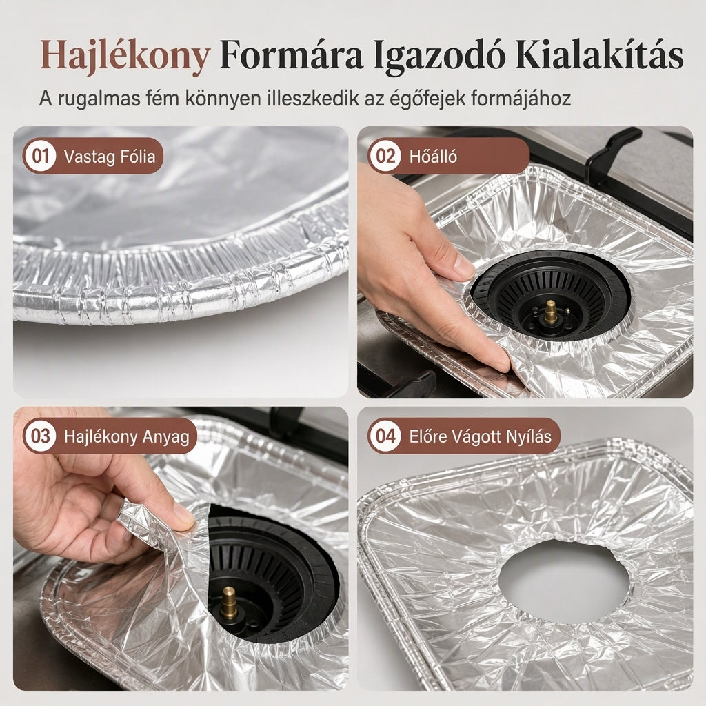 ⏳ Korlátozott idejű ajánlat! ⏰ 10 darabos nagy teherbírású alumínium fólia gáztűzhely égővédő betét – Tartsa tisztán és védje a főzőlapját a mélyedéses kifolyásfogóval 🍳