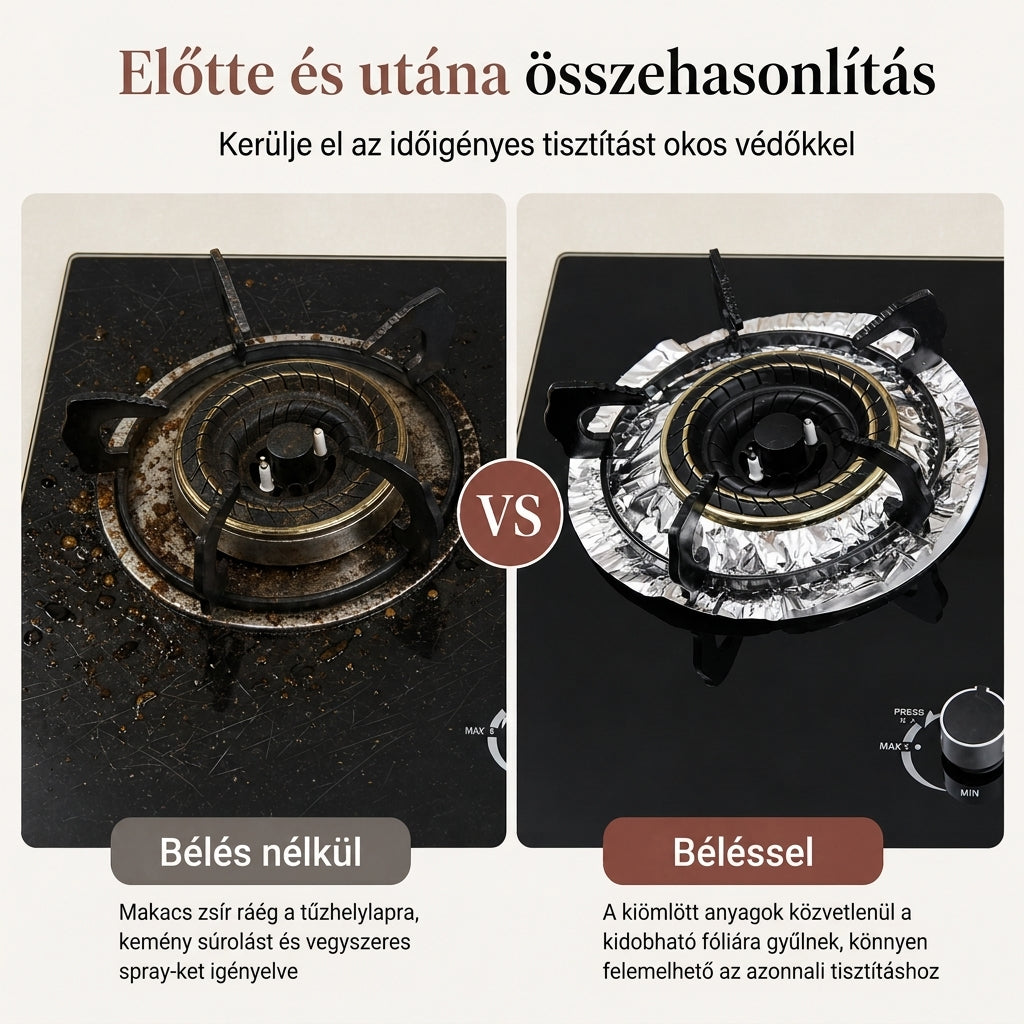 ⏳ Korlátozott idejű ajánlat! ⏰ 10 darabos nagy teherbírású alumínium fólia gáztűzhely égővédő betét – Tartsa tisztán és védje a főzőlapját a mélyedéses kifolyásfogóval 🍳