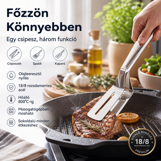 🍳🔥 3 az 1-ben rozsdamentes acél fogó – Sokoldalúan használható steakhez, grillezéshez és sütéshez