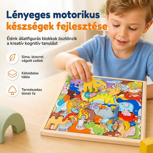 🐘🦒Gyerekeknek és kisgyerekeknek szóló, fából készült, rajzfilmfigurás állatpuzzle