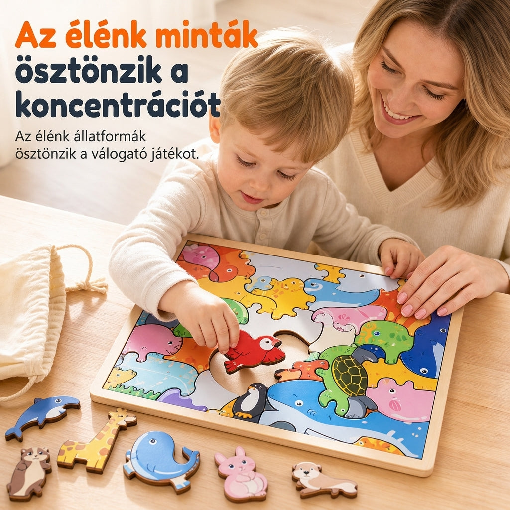 🐘🦒Gyerekeknek és kisgyerekeknek szóló, fából készült, rajzfilmfigurás állatpuzzle