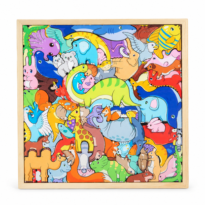 🐘🦒Gyerekeknek és kisgyerekeknek szóló, fából készült, rajzfilmfigurás állatpuzzle