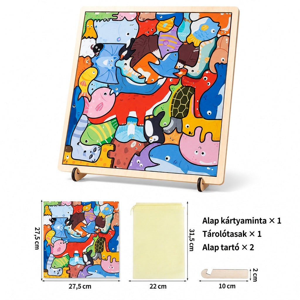 🐘🦒Gyerekeknek és kisgyerekeknek szóló, fából készült, rajzfilmfigurás állatpuzzle