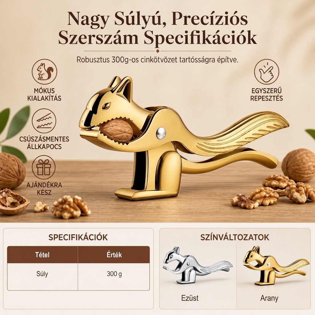 🌰🐿️Cinkötvözetű mókus alakú diótörő, sokoldalú dió és mogyoró törő eszköz