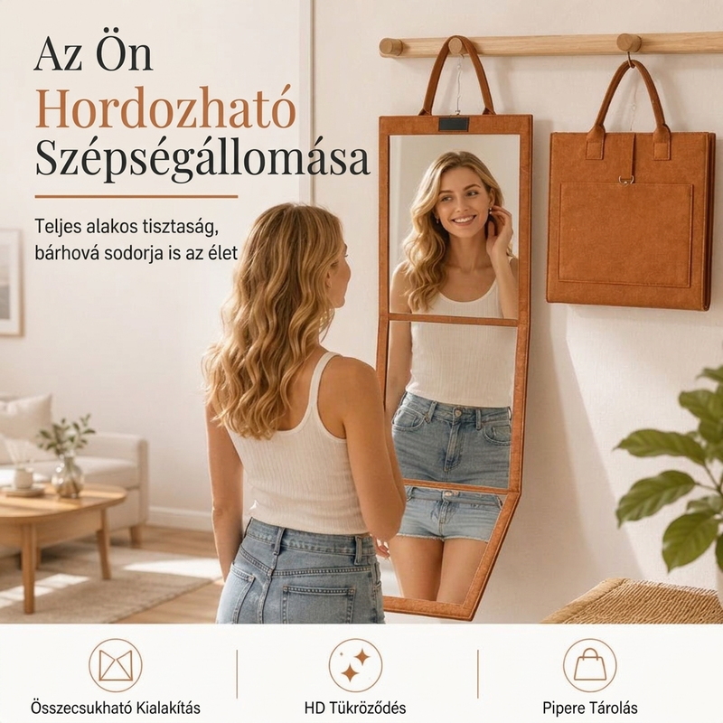 Összecsukható teljes hosszúságú tükör: Ajtóra/falra akasztható tükör, ezüst üveg, helytakarékos, utazáshoz