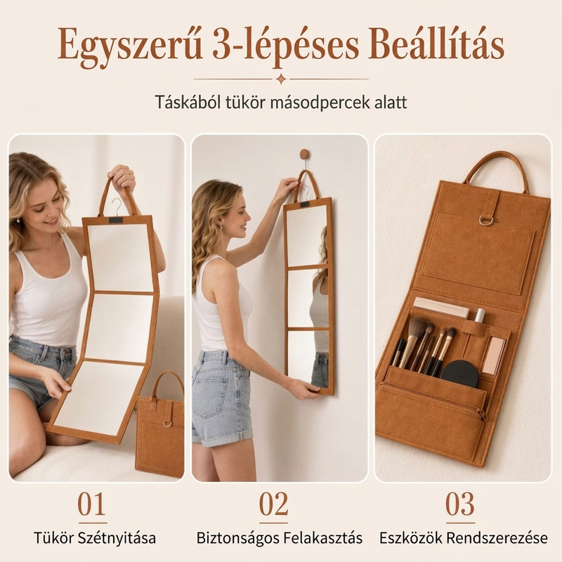 Összecsukható teljes hosszúságú tükör: Ajtóra/falra akasztható tükör, ezüst üveg, helytakarékos, utazáshoz